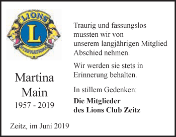 Traueranzeige von Martina Main von WVG - Wochenspiegel NMB / WSF / ZTZ