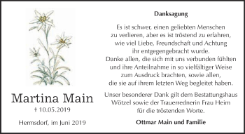 Traueranzeige von Martina Main von WVG - Wochenspiegel NMB / WSF / ZTZ