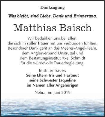 Traueranzeige von Matthias Baisch von WVG - Wochenspiegel NMB / WSF / ZTZ