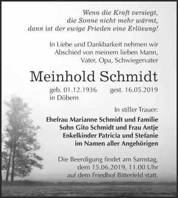 Traueranzeige von Meinhold Schmidt von WVG - Wochenspiegel Bitterfeld