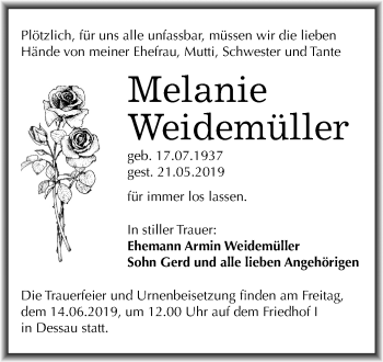 Traueranzeige von Melanie Weidemüller von Mitteldeutsche Zeitung Dessau-Roßlau