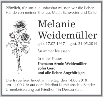 Traueranzeige von Melanie Weidemüller von WVG - Wochenspiegel Dessau / Köthen
