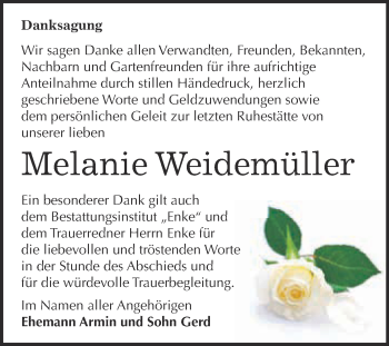 Traueranzeige von Melanie Weidemüller von WVG - Wochenspiegel Dessau / Köthen