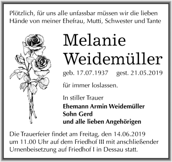 Traueranzeige von Melanie Weidemüller von Mitteldeutsche Zeitung Dessau-Roßlau