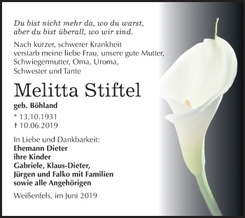 Traueranzeige von Melitta Stiftel von Mitteldeutsche Zeitung Weißenfels