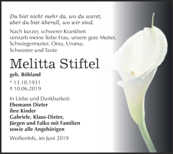 Traueranzeige von Melitta Stiftel von WVG - Wochenspiegel NMB / WSF / ZTZ