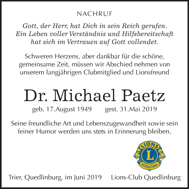  Traueranzeige für Michael Paetz vom 15.06.2019 aus Mitteldeutsche Zeitung Quedlinburg