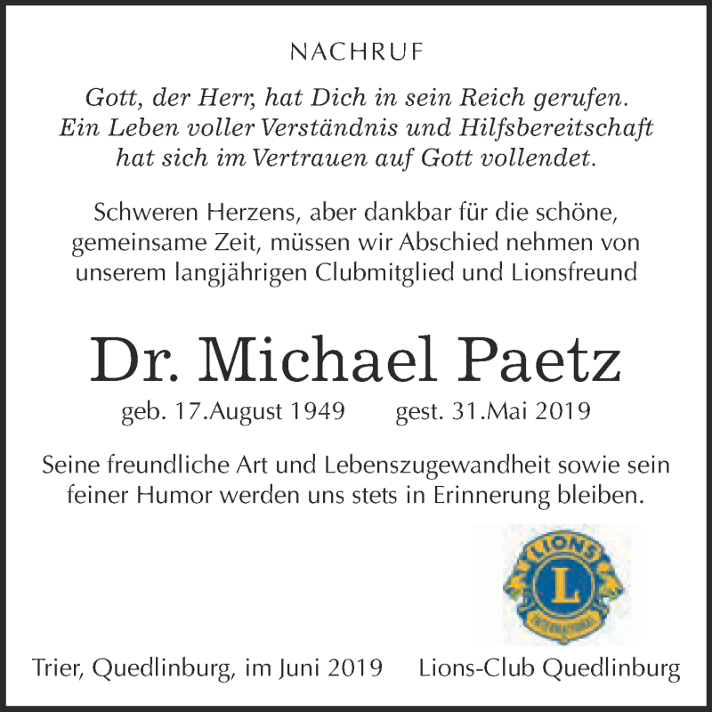  Traueranzeige für Michael Paetz vom 15.06.2019 aus Super Sonntag Quedlinburg