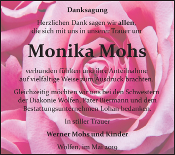 Traueranzeige von Monika Mohs von Mitteldeutsche Zeitung Bitterfeld
