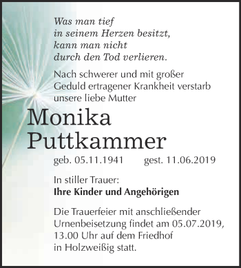 Traueranzeige von Monika Puttkammer von WVG - Wochenspiegel Bitterfeld