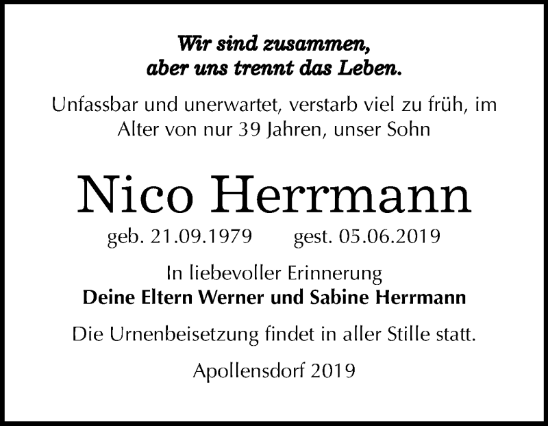  Traueranzeige für Nico Herrmann vom 29.06.2019 aus Mitteldeutsche Zeitung