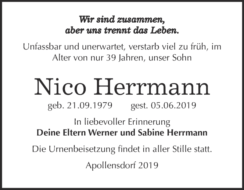  Traueranzeige für Nico Herrmann vom 24.06.2019 aus Super Sonntag Wittenberg