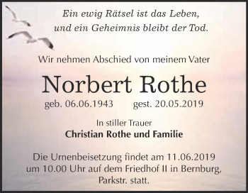 Traueranzeige von Norbert Rothe von Super Sonntag Bernburg
