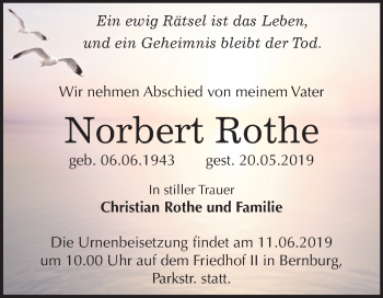 Traueranzeige von Norbert Rothe von Mitteldeutsche Zeitung Bernburg