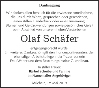 Traueranzeige von Olaf Schäfer von WVG - Wochenspiegel Merseburg