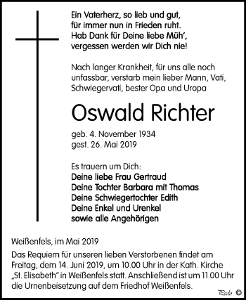 Traueranzeige von Oswald Richter von WVG - Wochenspiegel NMB / WSF / ZTZ