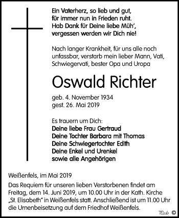 Traueranzeige von Oswald Richter von Mitteldeutsche Zeitung Weißenfels