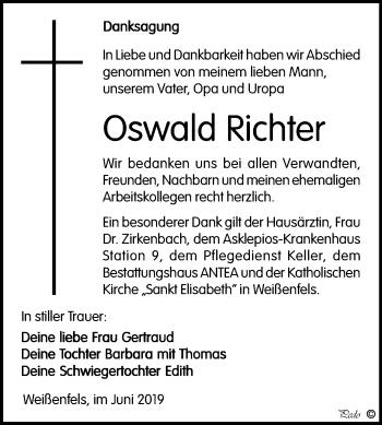 Traueranzeige von Oswald Richter von Mitteldeutsche Zeitung Weißenfels