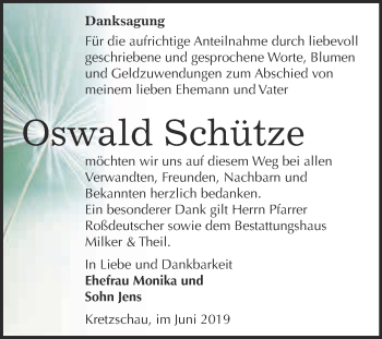 Traueranzeige von Oswald Schütze von WVG - Wochenspiegel NMB / WSF / ZTZ