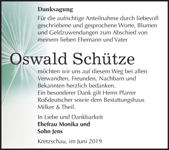 Traueranzeige von Oswald Schütze von Mitteldeutsche Zeitung Zeitz