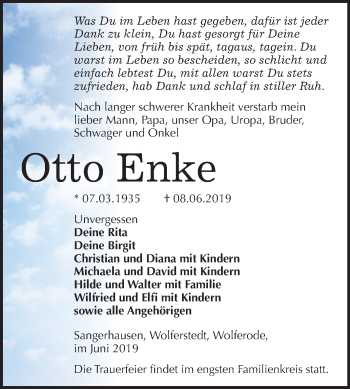 Traueranzeige von Otto Enk von Mitteldeutsche Zeitung