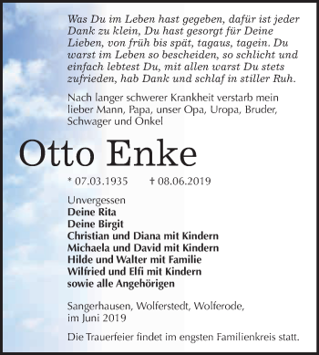 Traueranzeige von Otto Enke von Super Sonntag SGH Mansf. Land
