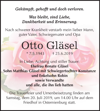 Traueranzeige von Otto Gläsel von Mitteldeutsche Zeitung Köthen