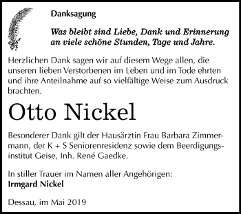 Traueranzeige von Otto Nickel von WVG - Wochenspiegel Dessau / Köthen