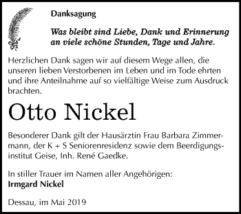 Traueranzeige von Otto Nickel von Mitteldeutsche Zeitung Dessau-Roßlau
