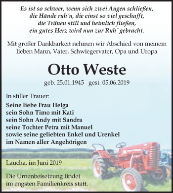 Traueranzeige von Otto Weste von WVG - Wochenspiegel NMB / WSF / ZTZ