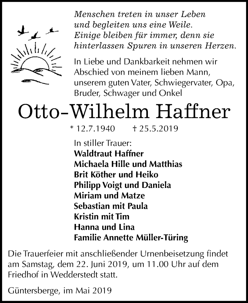  Traueranzeige für Otto-Wilhelm Haffner vom 15.06.2019 aus WVG - Wochenspiegel Quedlinburg