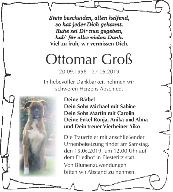Traueranzeige von Ottomar Groß von WVG - Wochenspiegel Wittenberg
