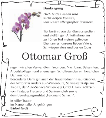 Traueranzeige von Ottomar Groß von WVG - Wochenspiegel Wittenberg