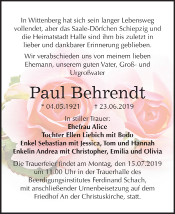 Traueranzeige von Paul Behrendt von Mitteldeutsche Zeitung Halle/Saalkreis