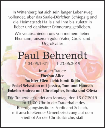 Traueranzeige von Paul Behrendt von Super Sonntag Wittenberg
