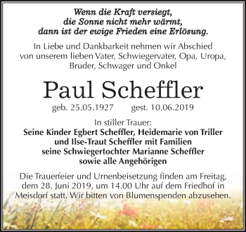 Traueranzeige von Paul Scheffler von WVG - Wochenspiegel Quedlinburg