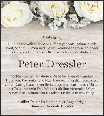 Traueranzeige von Peter Dressler von Super Sonntag Aschersleben