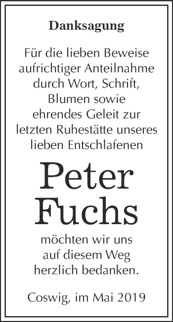 Traueranzeige von Peter Fuchs von Super Sonntag Wittenberg