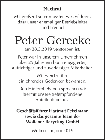 Traueranzeige von Peter Gerecke von WVG - Wochenspiegel Bitterfeld