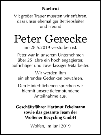 Traueranzeige von Peter Gerecke von Mitteldeutsche Zeitung Bitterfeld