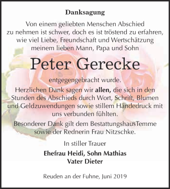 Traueranzeige von Peter Gerecke von WVG - Wochenspiegel Bitterfeld