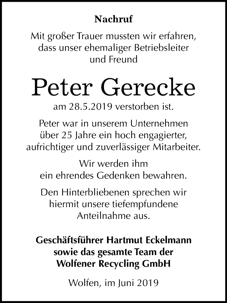  Traueranzeige für Peter Gerecke vom 08.06.2019 aus Mitteldeutsche Zeitung Bitterfeld