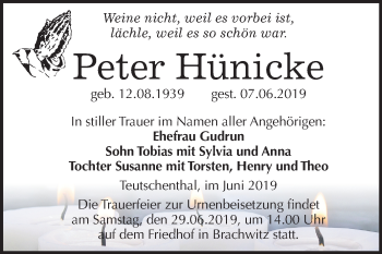 Traueranzeige von Peter Hünicke von Mitteldeutsche Zeitung Halle/Saalkreis