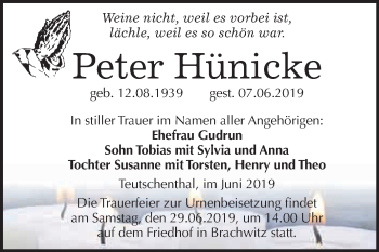 Traueranzeige von Peter Hünicke von Wochenspiegel Mansfelder Land