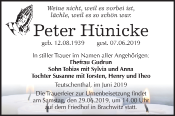 Traueranzeige von Peter Hünicke von Mitteldeutsche Zeitung Mansfelder Land