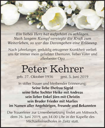 Traueranzeige von Peter Kehrer von WVG - Wochenspiegel NMB / WSF / ZTZ