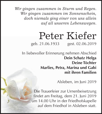 Traueranzeige von Peter Kiefer von Super Sonntag Bernburg
