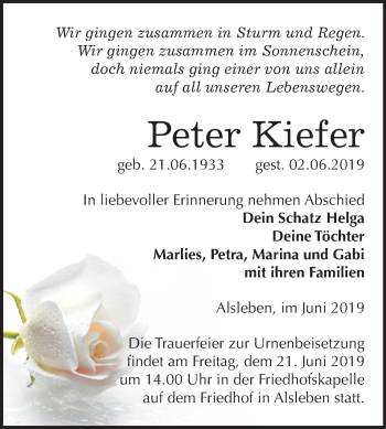 Traueranzeige von Peter Kiefer von Mitteldeutsche Zeitung Bernburg