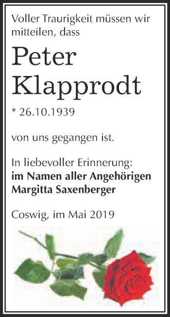 Traueranzeige von Peter Klapprodt von Super Sonntag Wittenberg