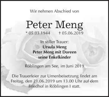 Traueranzeige von Peter Meng von Wochenspiegel Mansfelder Land